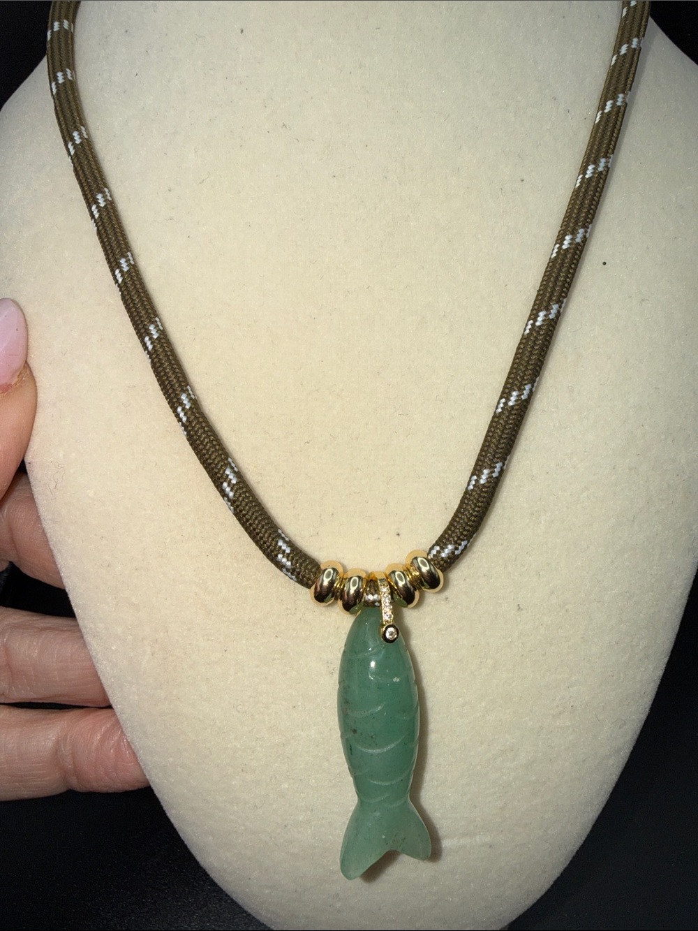 Adina Eden Green jade Fish Pendant on striped green rope with Gold roundel beads